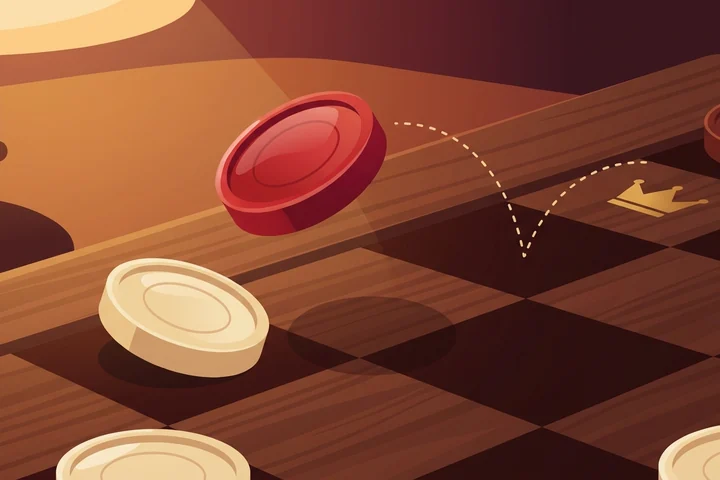 A checkers piece jumping diagonally over an opponent piece to capture it in Czech Draughts